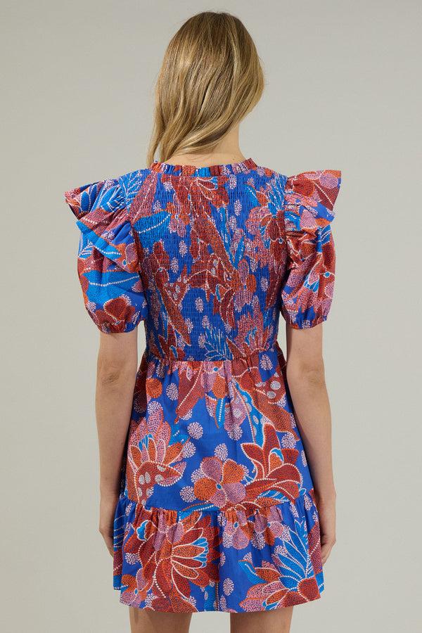 Sugarlips Amazonia Blue Leones Smocked Mini Dress