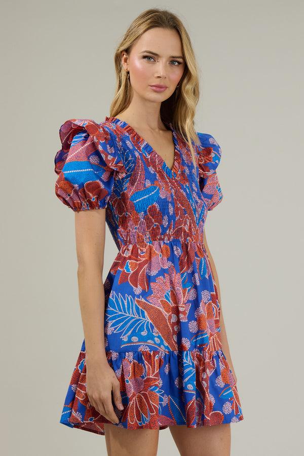 Sugarlips Amazonia Blue Leones Smocked Mini Dress