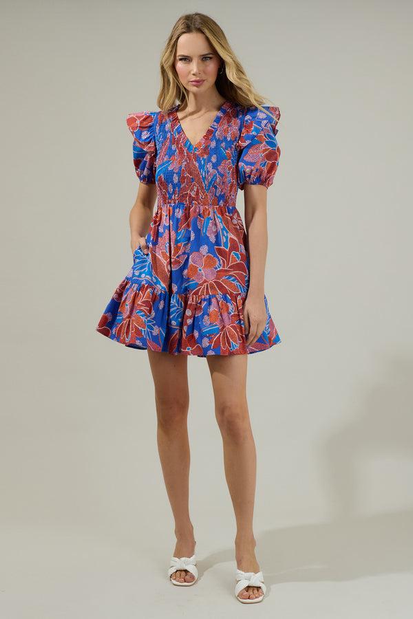 Sugarlips Amazonia Blue Leones Smocked Mini Dress