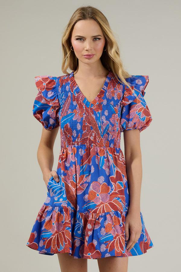 sugarlips Amazonia Blue Leones Smocked Mini Dress
