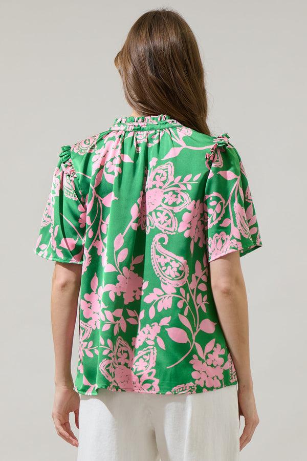 Sugarlips Anela Floral Mei Split Neck Satin Top
