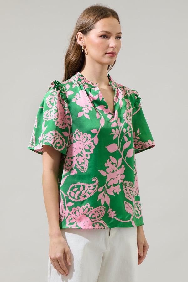 Sugarlips Anela Floral Mei Split Neck Satin Top