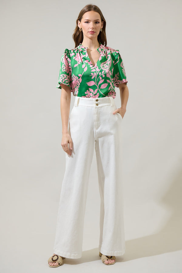 Sugarlips Anela Floral Mei Split Neck Satin Top