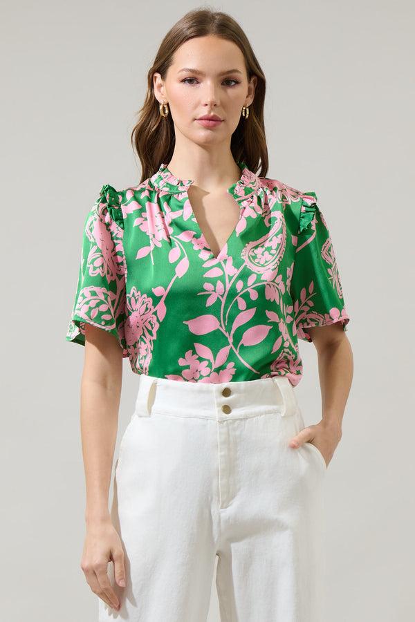 sugarlips Anela Floral Mei Split Neck Satin Top