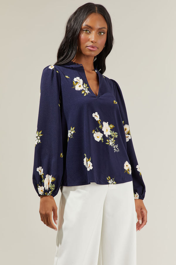 Sugarlips Arlene Floral Split Neck Blouse