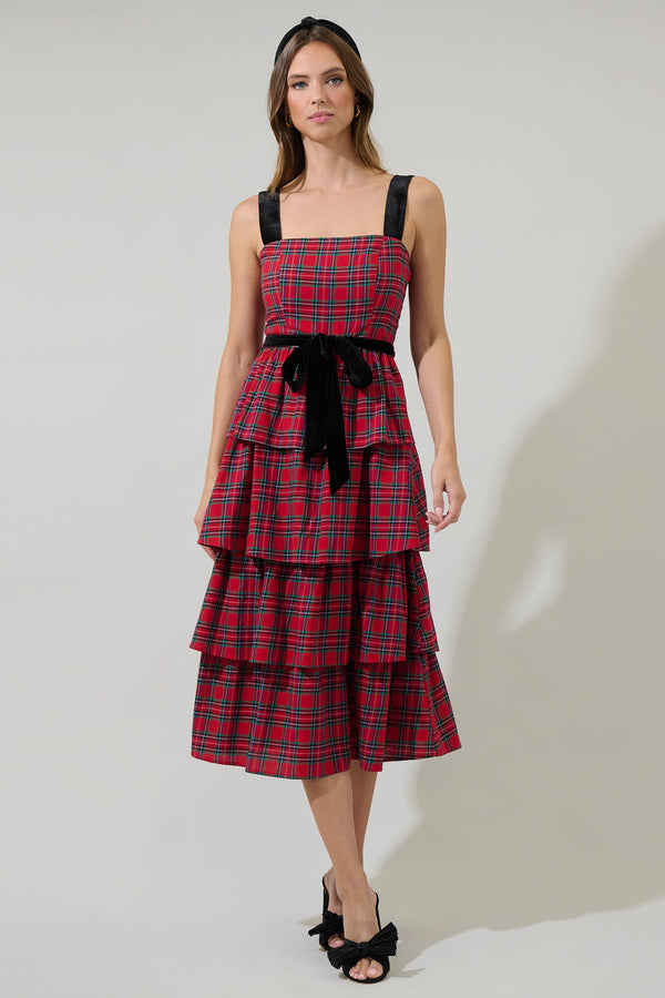 Sugarlips Arvada Plaid Mari Tiered Midi Dress
