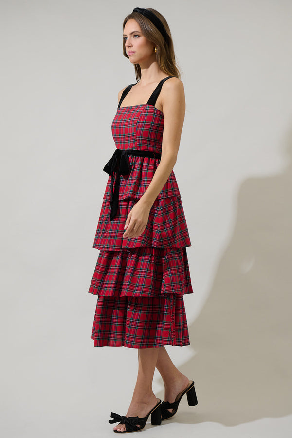 Sugarlips Arvada Plaid Mari Tiered Midi Dress
