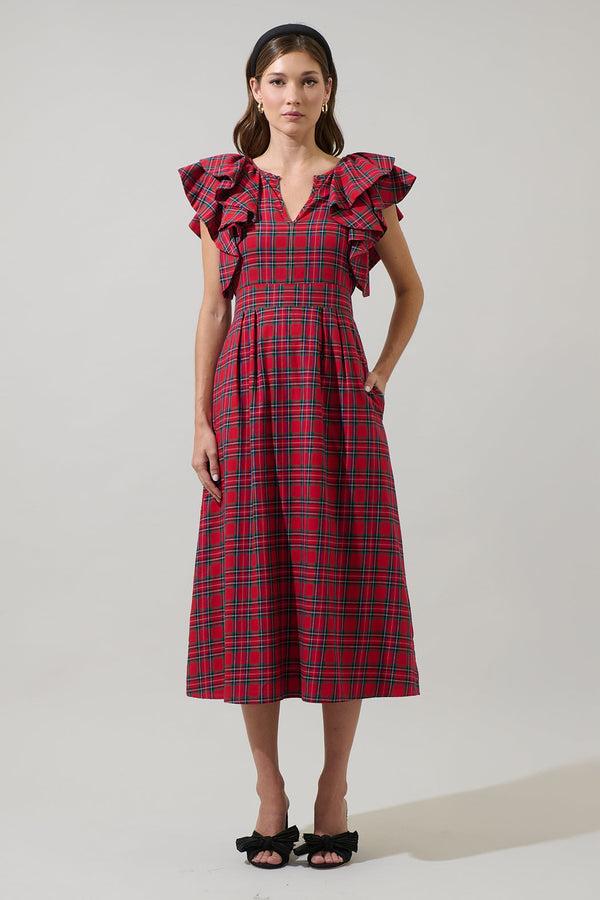 sugarlips Arvada Plaid Santana Tie Back Midi Dress