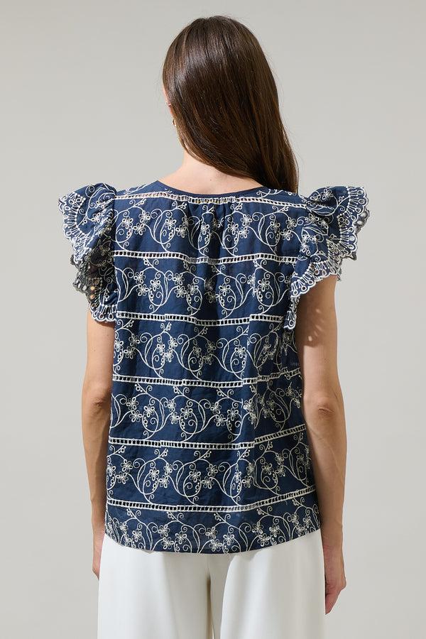 Sugarlips Ash Floral Eyelet Ana Split Neck Top