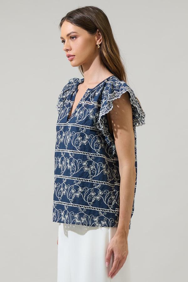 Sugarlips Ash Floral Eyelet Ana Split Neck Top