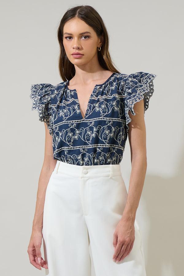 sugarlips Ash Floral Eyelet Ana Split Neck Top