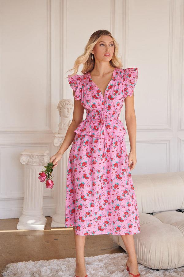 sugarlips Berryglow Floral Smocked Midi Dress