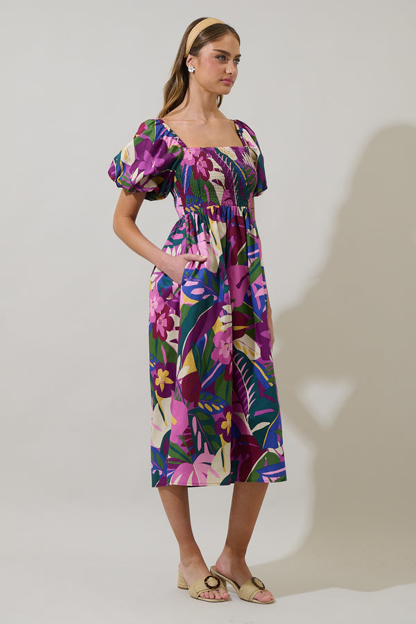 Sugarlips Blain Tropics Maray Smocked Midi Dress