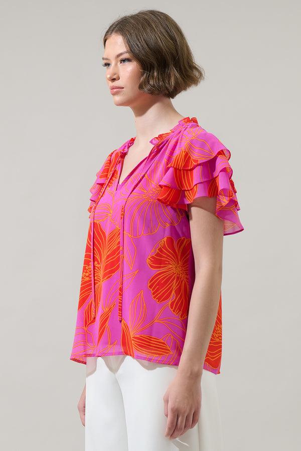 Sugarlips Blakeley Floral Donis Split Neck Blouse