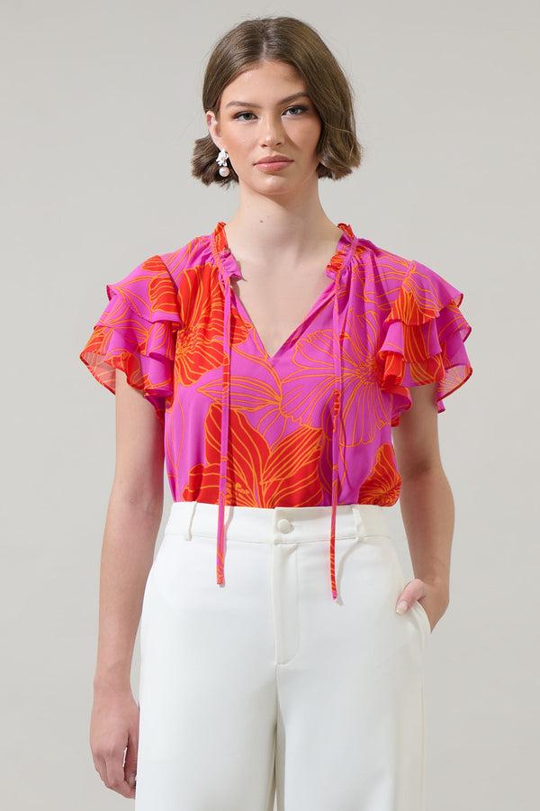 sugarlips Blakeley Floral Donis Split Neck Blouse