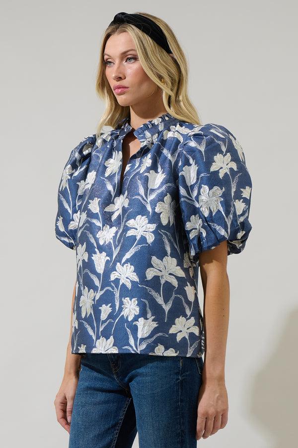 Sugarlips Blakely Floral Jacquard Split Neck Top