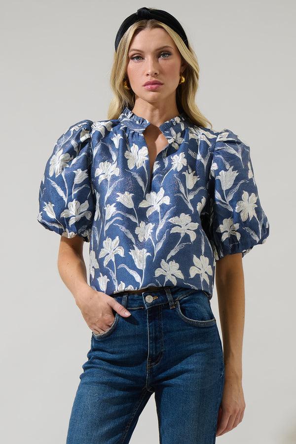 sugarlips Blakely Floral Jacquard Split Neck Top