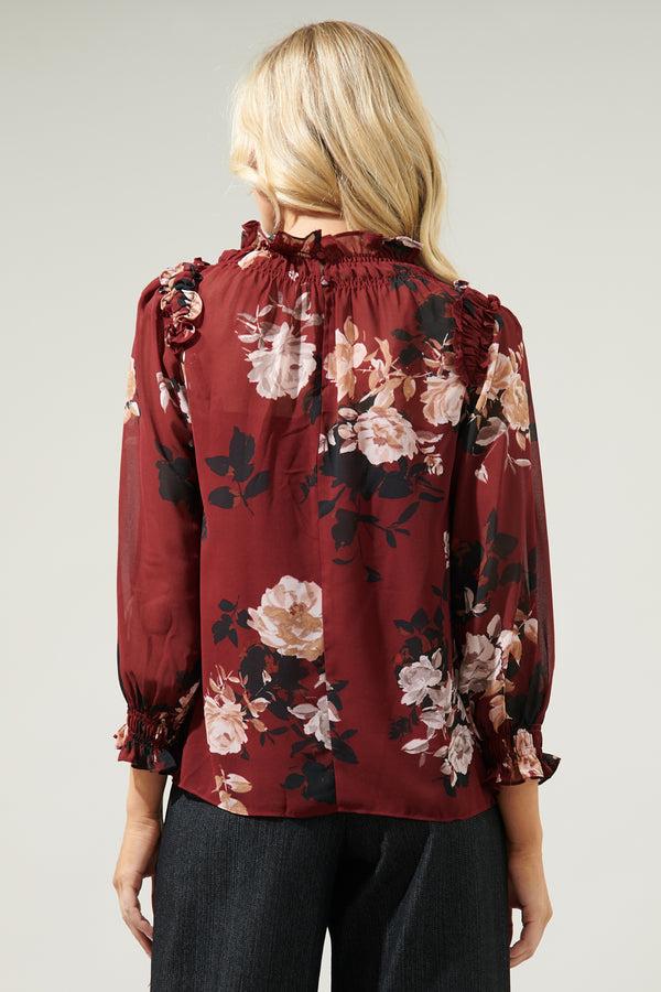 Sugarlips Bordeaux Floral Robin Ruffle Blouse