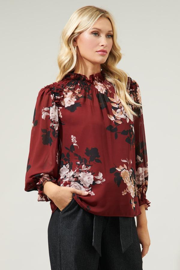 Sugarlips Bordeaux Floral Robin Ruffle Blouse