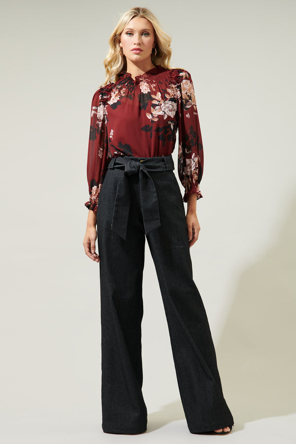 Sugarlips Bordeaux Floral Robin Ruffle Blouse