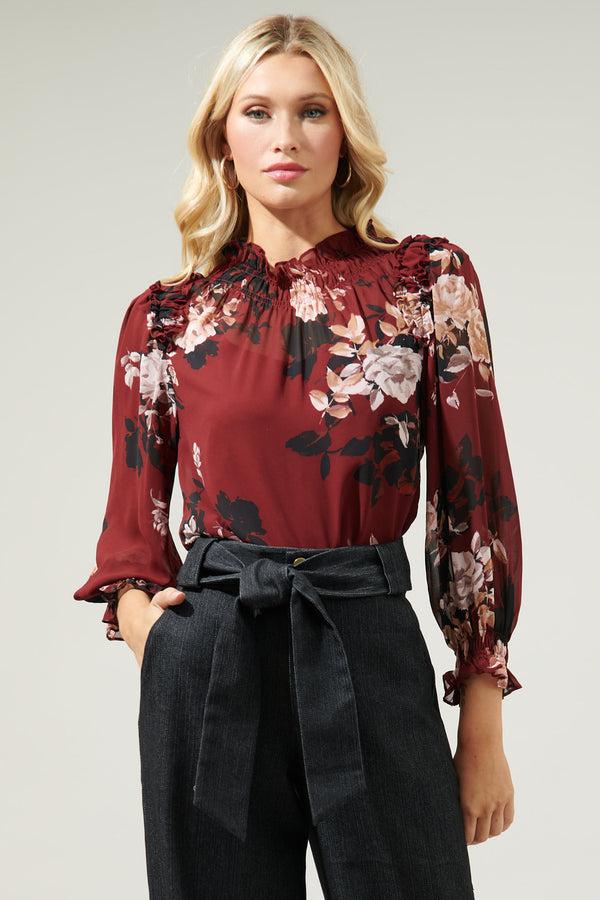 sugarlips Bordeaux Floral Robin Ruffle Blouse