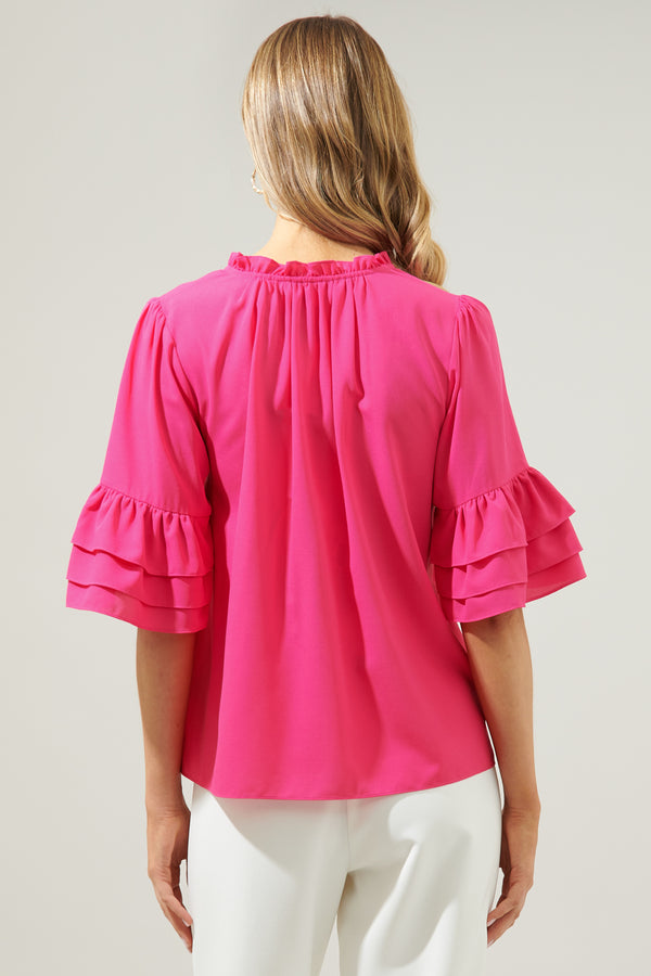 Sugarlips Break Room Split Neck Ruffle Blouse