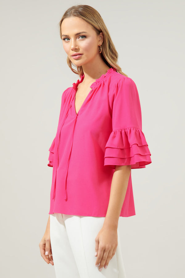 Sugarlips Break Room Split Neck Ruffle Blouse