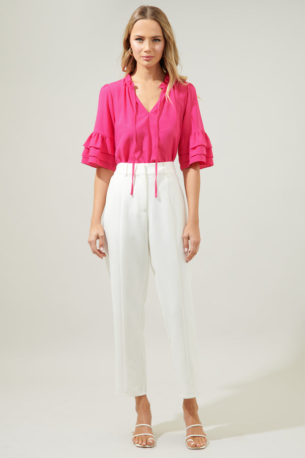 Sugarlips Break Room Split Neck Ruffle Blouse