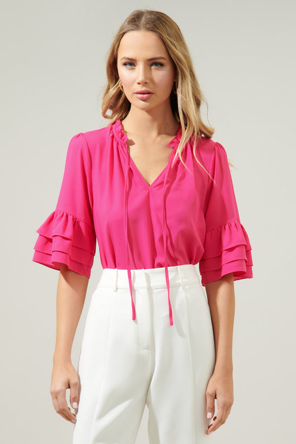 sugarlips Break Room Split Neck Ruffle Blouse
