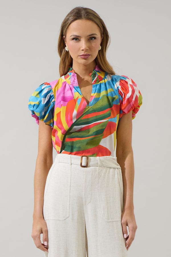 sugarlips Breezy Palms Poly Smocked Top