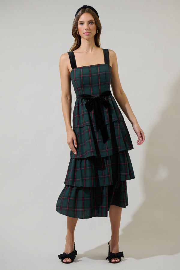 Sugarlips Brook Plaid Mari Tiered Midi Dress