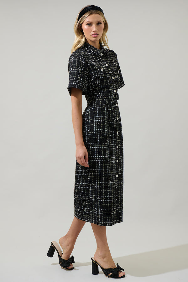 Sugarlips Brook Tweed Button Down Midi Dress