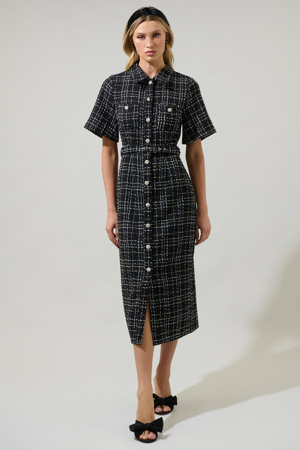 Sugarlips Brook Tweed Button Down Midi Dress