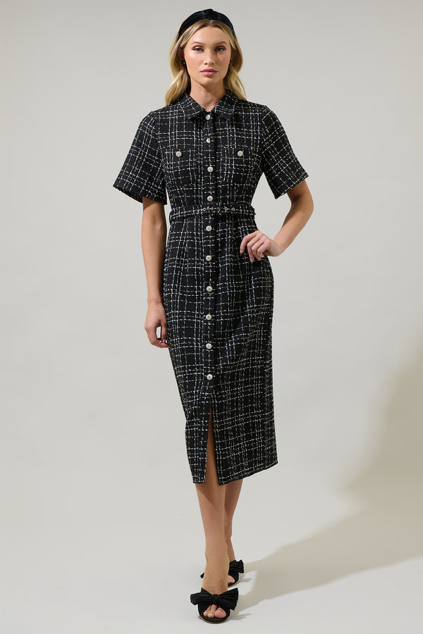 sugarlips Brook Tweed Button Down Midi Dress