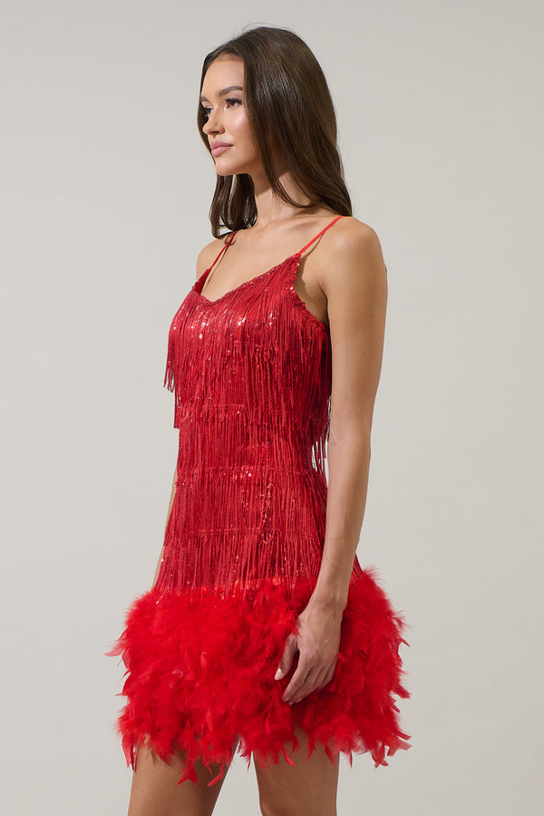 Sugarlips Camry Sequin Fringe Feather Mini Dress