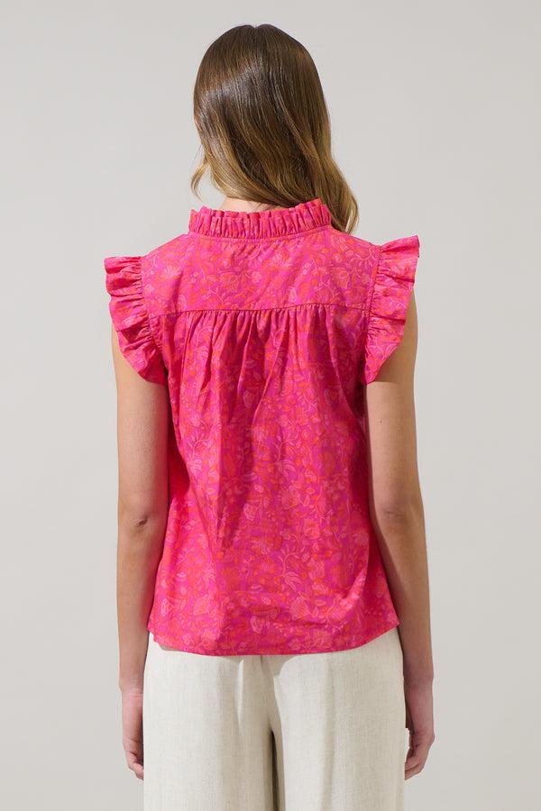 Sugarlips Cerise Floral Eviel Ruffle Blouse