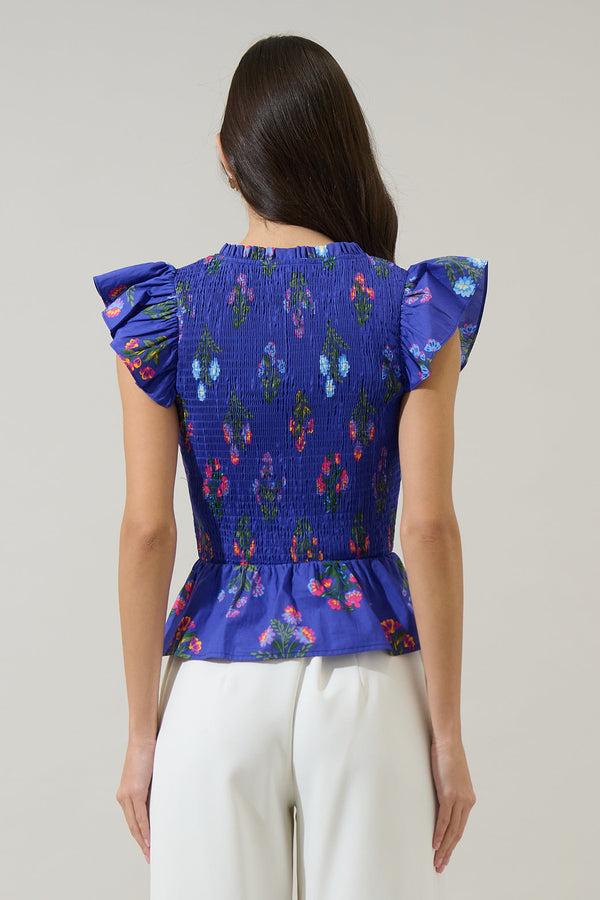 Sugarlips Clemen Floral Brish Smocked Ruffle Top