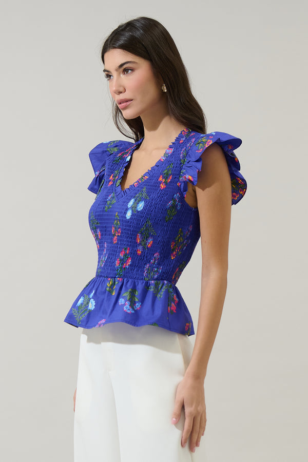 Sugarlips Clemen Floral Brish Smocked Ruffle Top