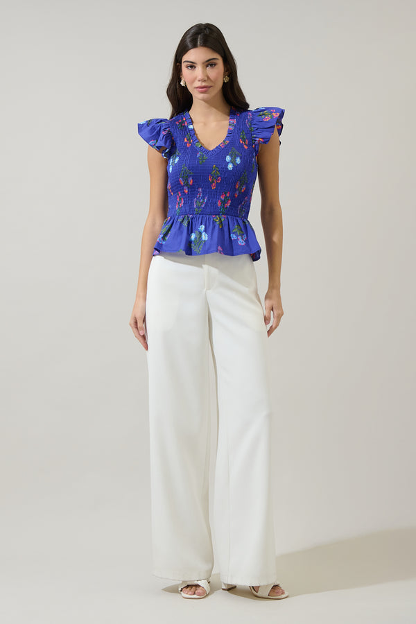 Sugarlips Clemen Floral Brish Smocked Ruffle Top