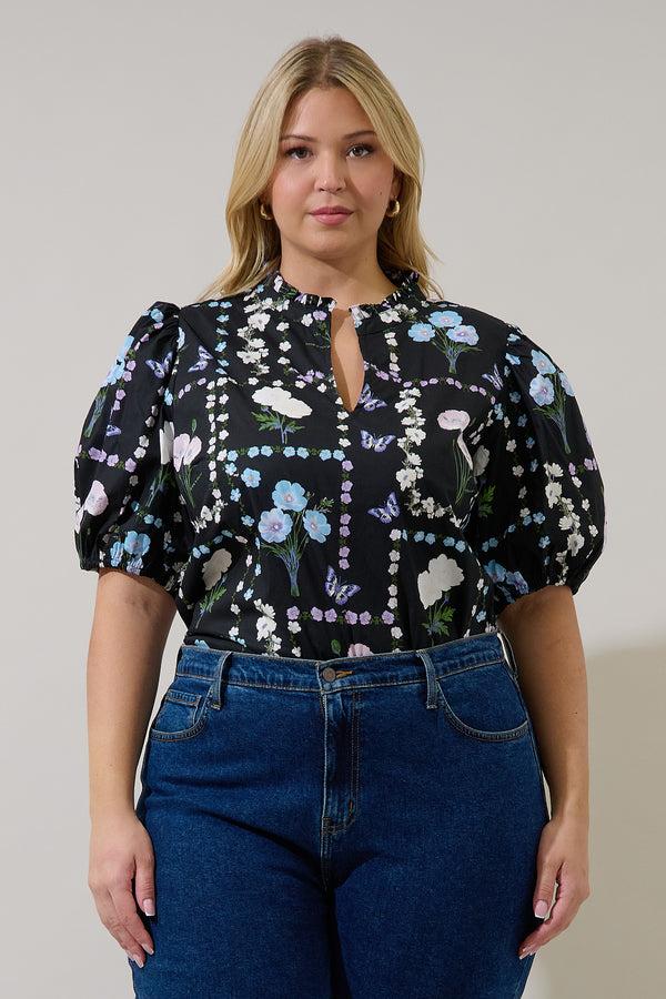 sugarlips Daly Split Neck Top Trevis Floral Curve