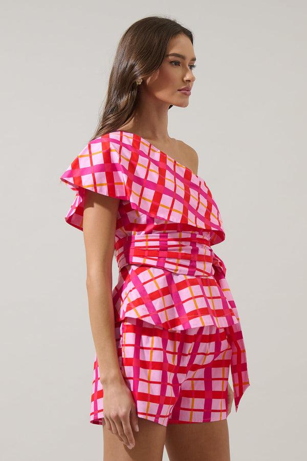 Sugarlips Darvy Checker Gris One Shoulder Top