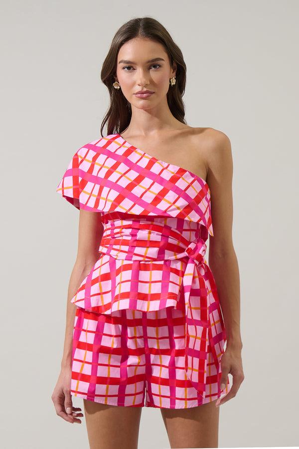 sugarlips Darvy Checker Gris One Shoulder Top