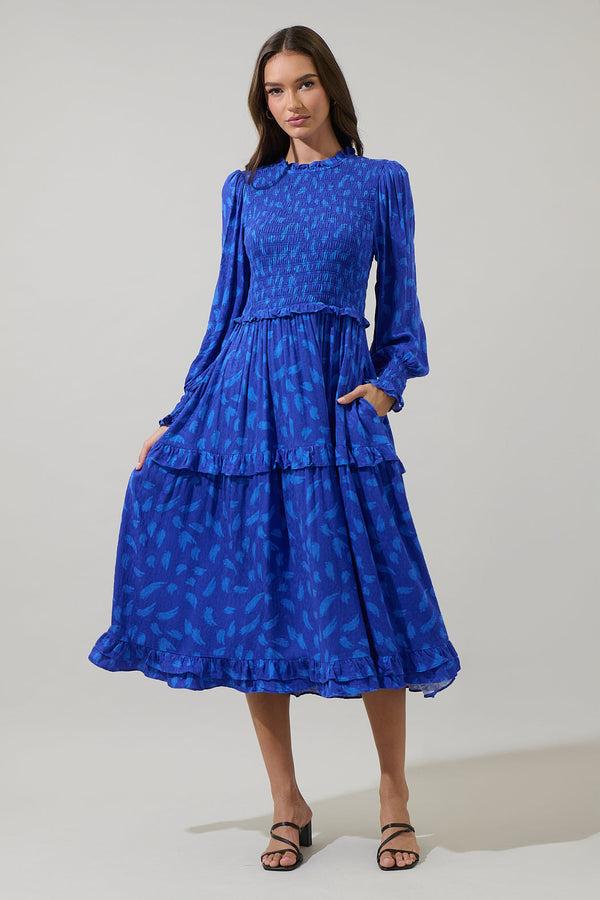 sugarlips Darya Strokes Seldy Smocked Midi Dress