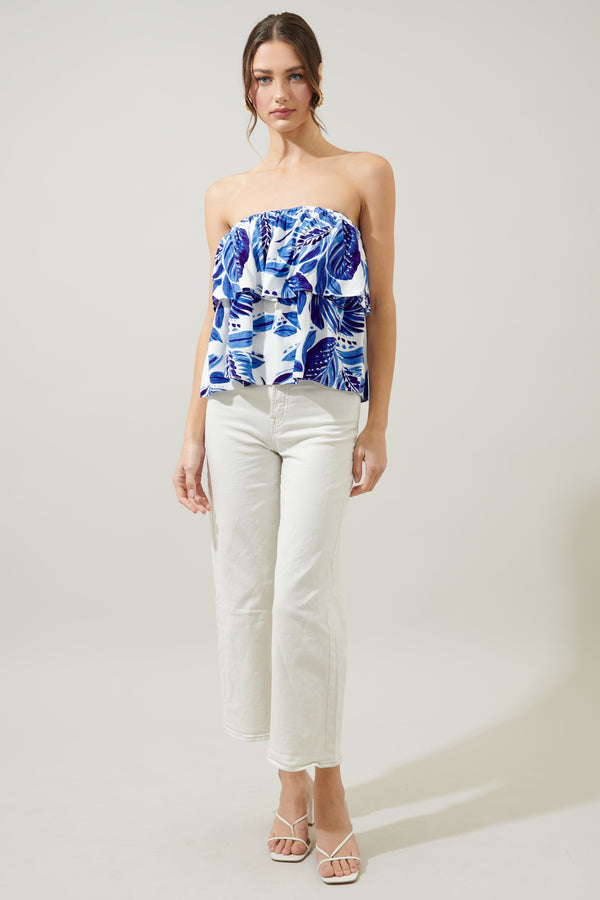 Sugarlips Dawson Palm Print Strapless Ruffle Top