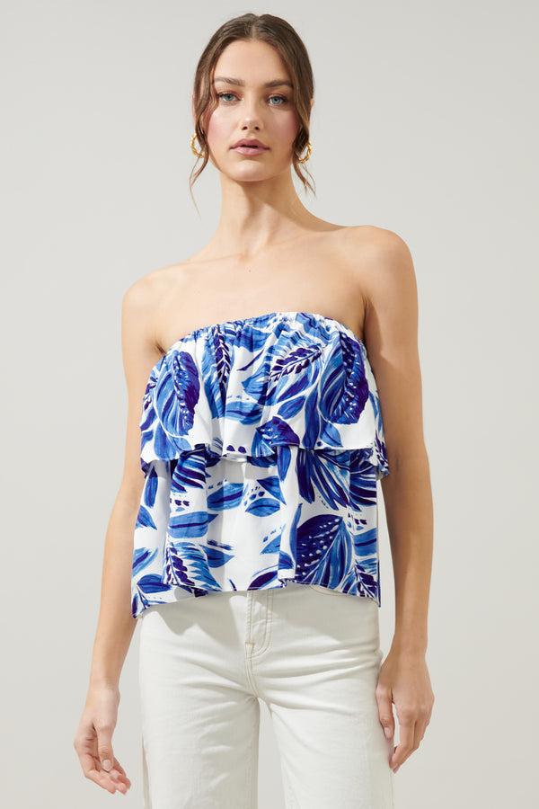 sugarlips Dawson Palm Print Strapless Ruffle Top