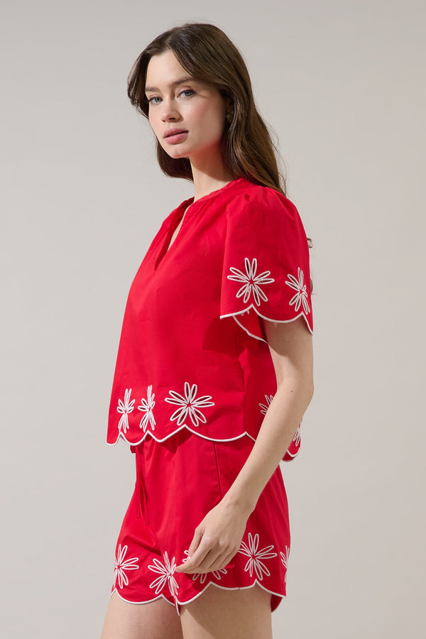 Sugarlips Dayna Embroidered Scallop Split Neck Top