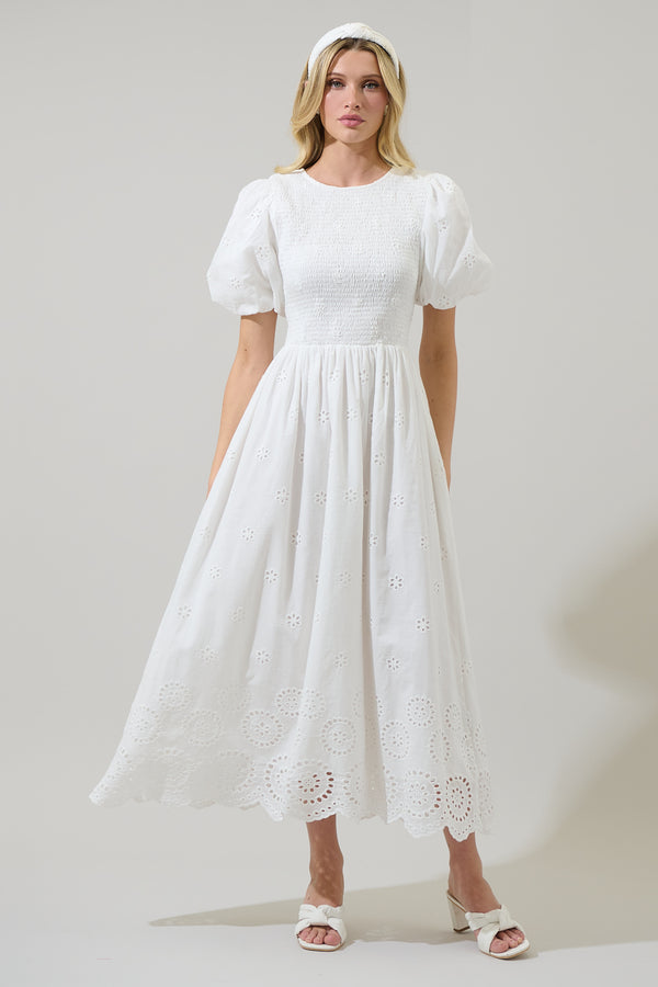 sugarlips Deana Eyelet Smocked Midi Dress