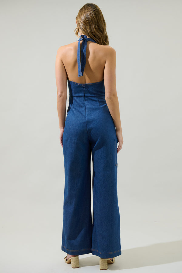 Sugarlips Delia Denim Nixi Halter Neck Jumpsuit