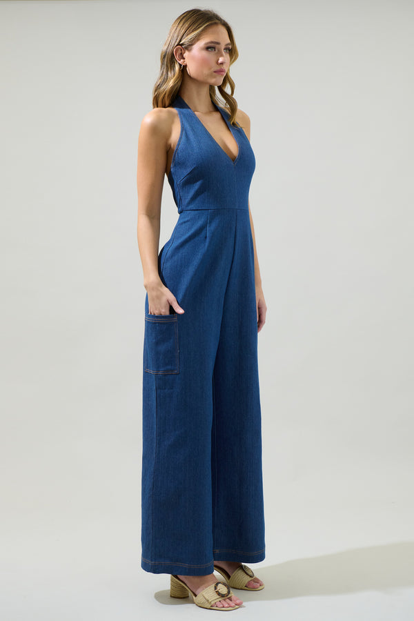 Sugarlips Delia Denim Nixi Halter Neck Jumpsuit
