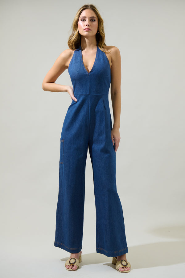 sugarlips Delia Denim Nixi Halter Neck Jumpsuit
